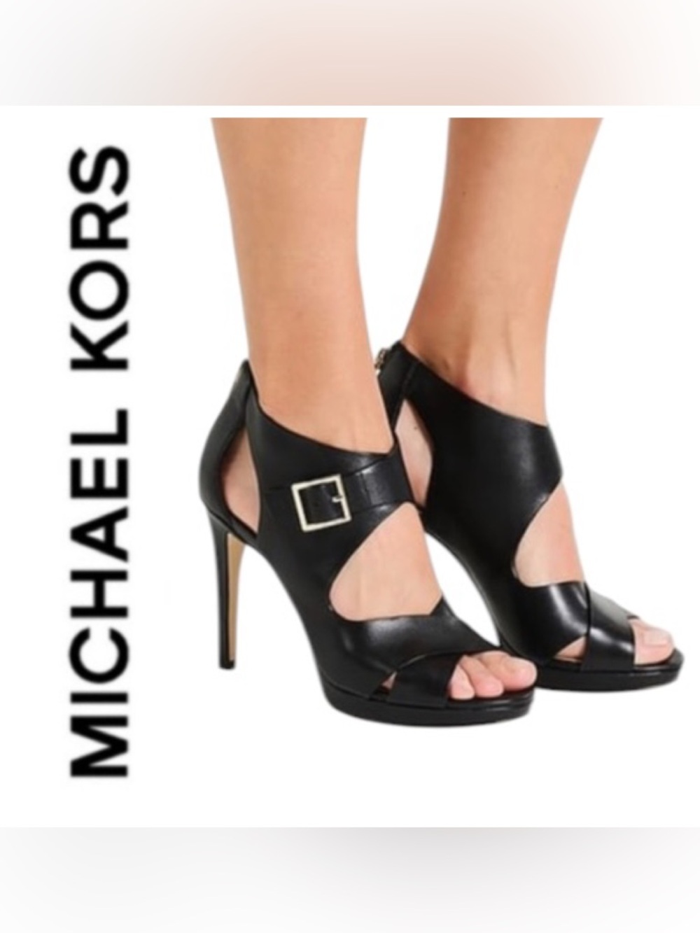 Michael Michael Kors Kimber Black Leather Platform Sandal Heel Buckle 7.5
